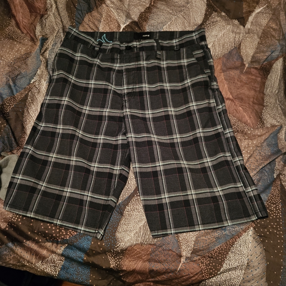 Hurley Black and Gray Plaid Men's Shorts